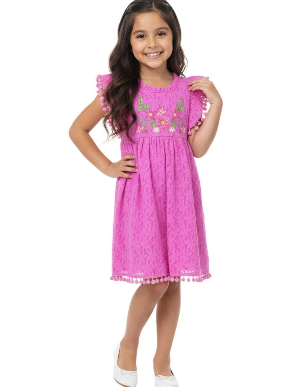 Unik Bright Pink Lace Girl Dress Floral Embroidery Pom Pom Trim SZ 4
